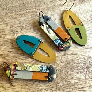 Two Pairs Artisan Made Polymer Clay Earrings Marbled Arches Asymmetry